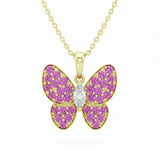 1.44ct G SI 14kt Yellow Gold Diamond & Pink Sapphire Gemstone Butterfly Pendant Necklace 18" Long