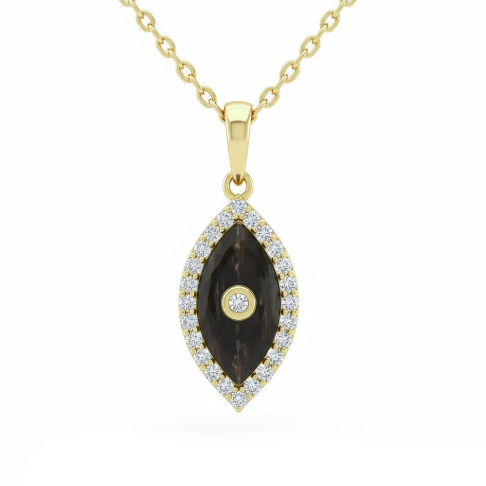 .13ct G SI 14kt Yellow Gold Diamond & Black Onyx Evil Eye Pendant Necklace 18" Long