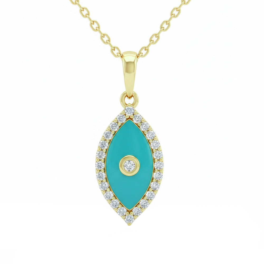 .13ct G SI 14kt Yellow Gold Diamond & Turquoise Enamel Evil Eye Pendant Necklace 18" Long