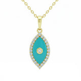 .13ct G SI 14kt Yellow Gold Diamond & Turquoise Enamel Evil Eye Pendant Necklace 18" Long