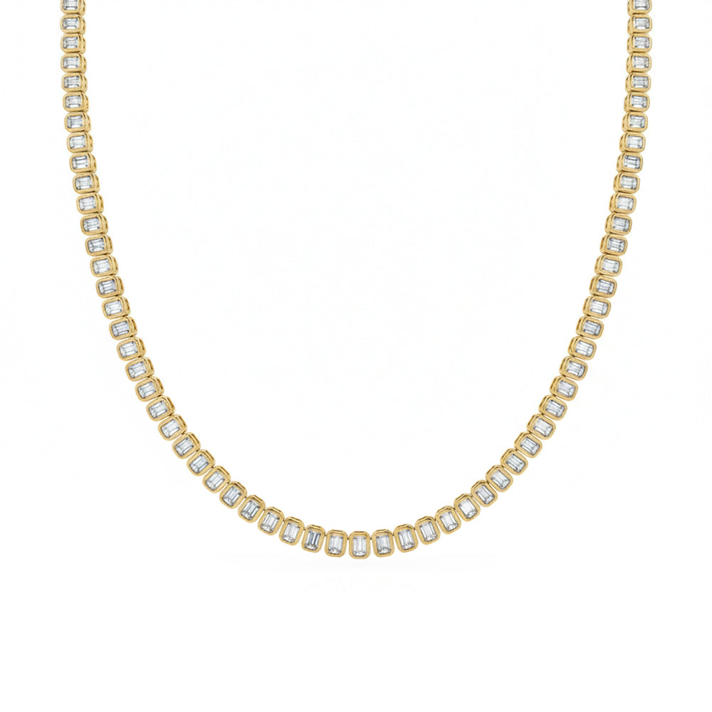 13.97ct G SI 14kt Yellow Gold Emerald Cut Diamond Bezel Set Tennis Necklace 16" Long