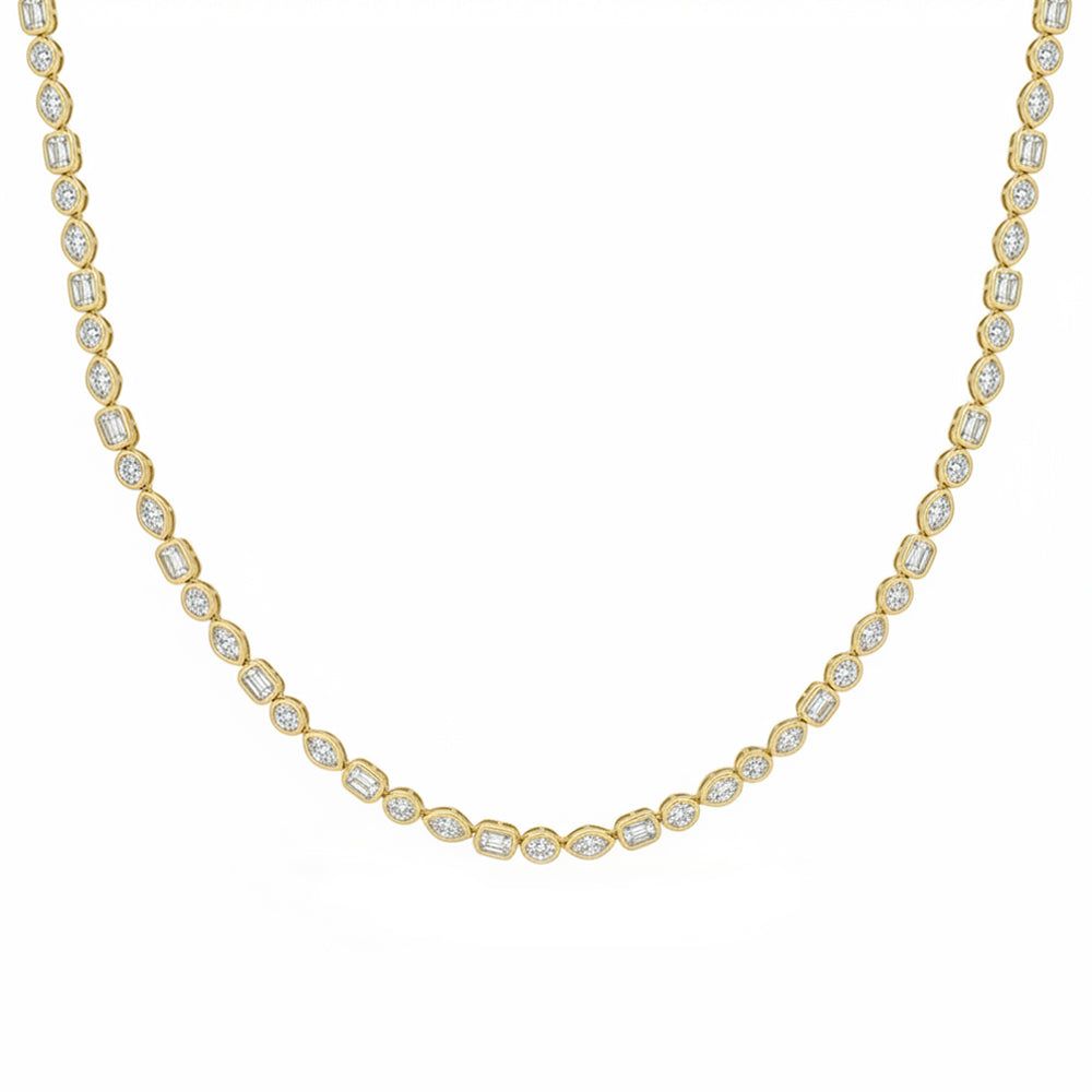 7.64ct G SI 14kt Yellow Gold Multi Shape Diamond Bezel Set Tennis Necklace 16+2" Ext Long