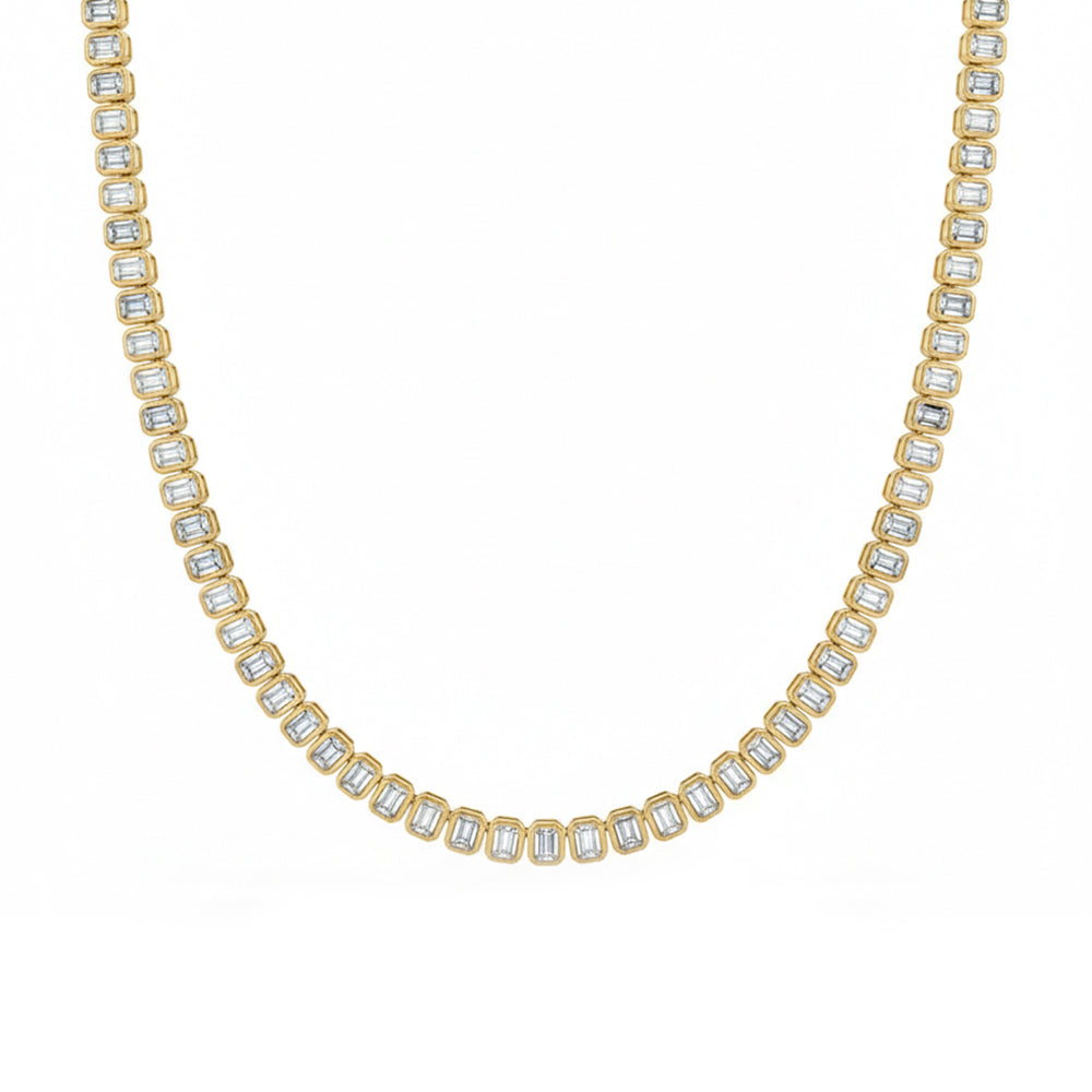 6.45ct G SI 14kt Yellow Gold Emerald Diamond Bezel Set Tennis Necklace 16" Long
