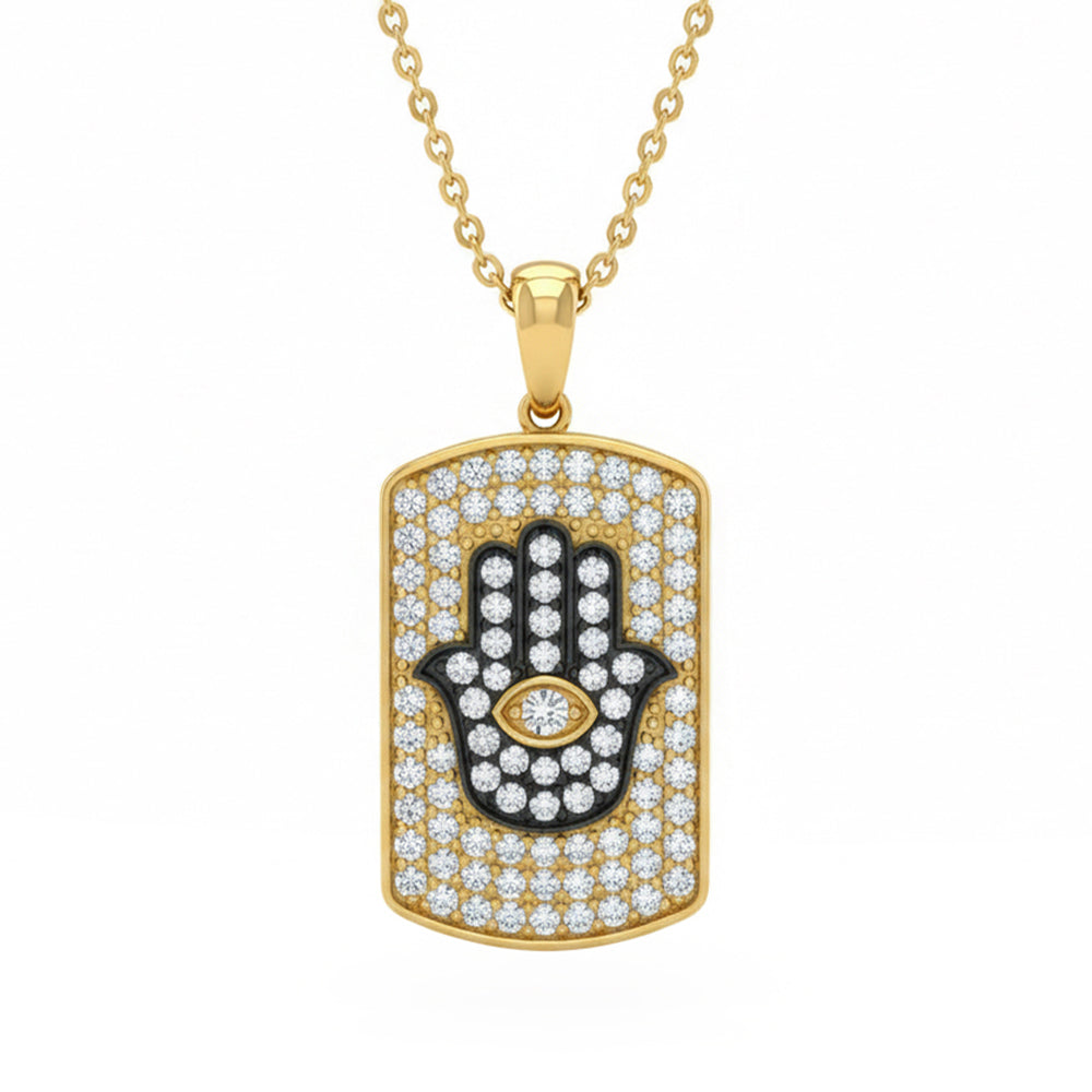 .98ct G SI 14kt Yellow Gold Diamond Hamsa Pave Set Dog Tag Pendant Necklace 18" Long