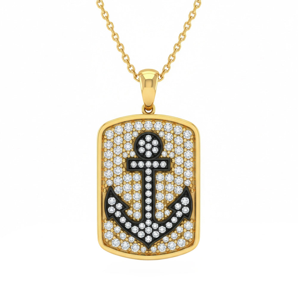 .98ct G SI 14kt Yellow Gold Diamond Pave Anchor Dog Tag Pendant Necklace 18" Long
