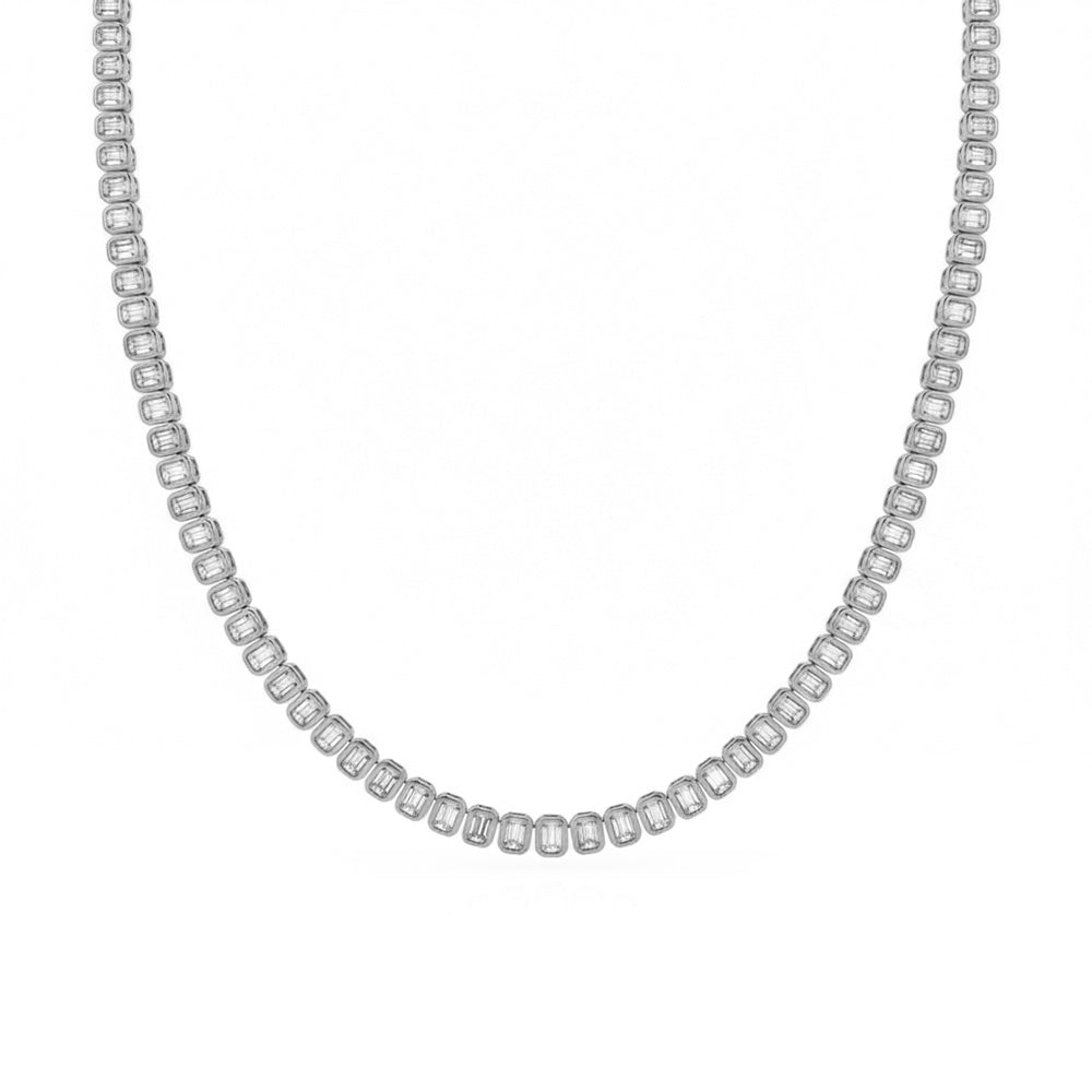 11.34ct G SI 14kt White Gold Emerald Cut Diamond Bezel Set Tennis Necklace 16" Long