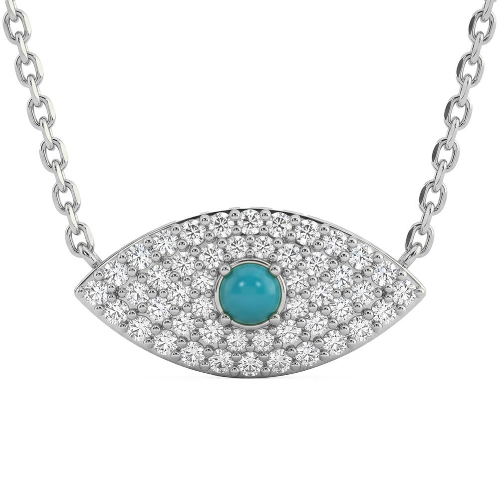 .14ct G SI 14kt White Gold Diamond & Turquoise Gemstone Evil Eye Pendant Necklace 16+2" Long