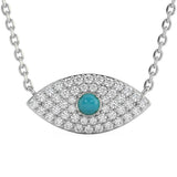 .14ct G SI 14kt White Gold Diamond & Turquoise Gemstone Evil Eye Pendant Necklace 16+2" Long
