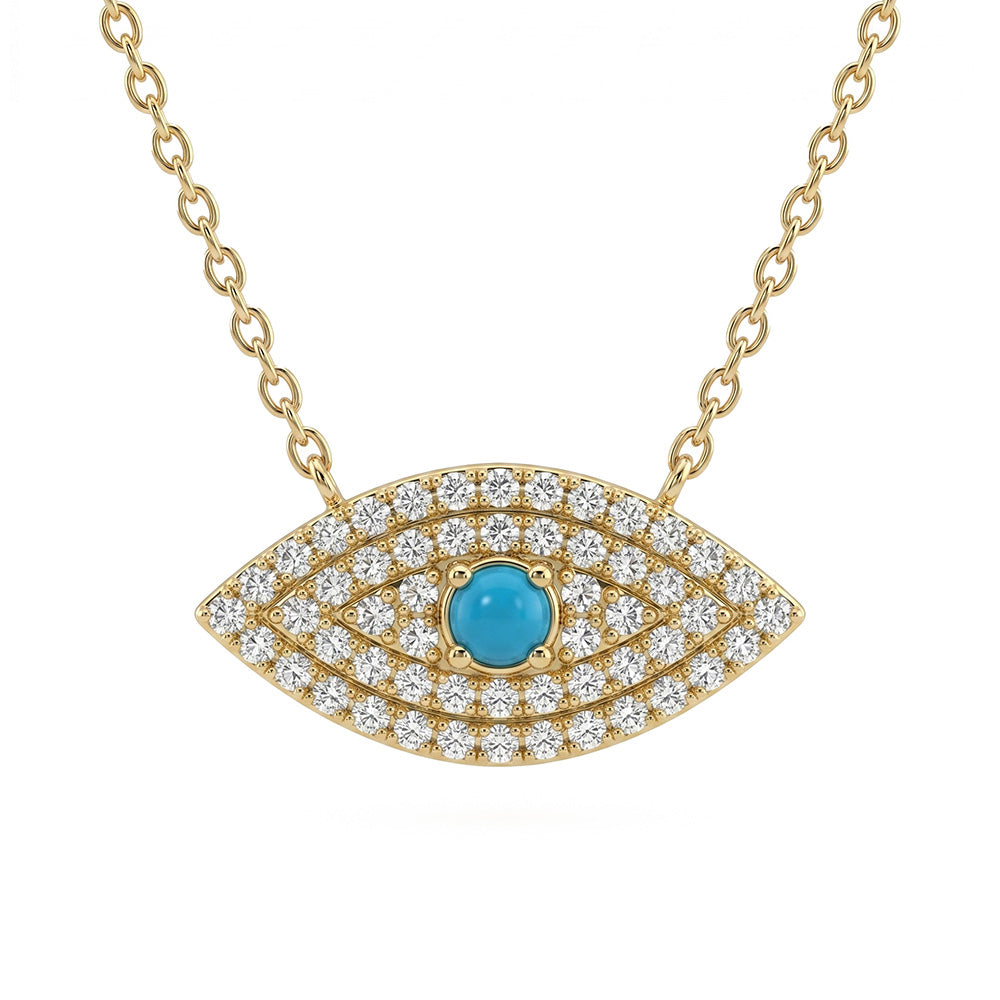 .15ct G SI 14kt Yellow Gold Diamond & Turquoise Gemstone Evil Eye Pendant Necklace 16+2" Long