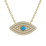 .15ct G SI 14kt Yellow Gold Diamond & Turquoise Gemstone Evil Eye Pendant Necklace 16+2" Long