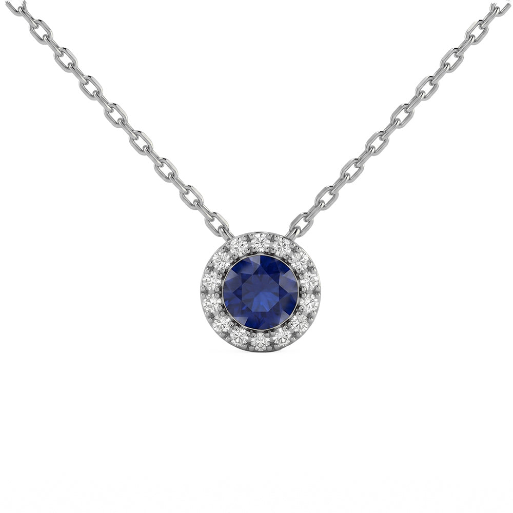 .38ct G SI 14kt White Gold Diamond & Blue Sapphire Gemstone Pendant Necklace 18" Long