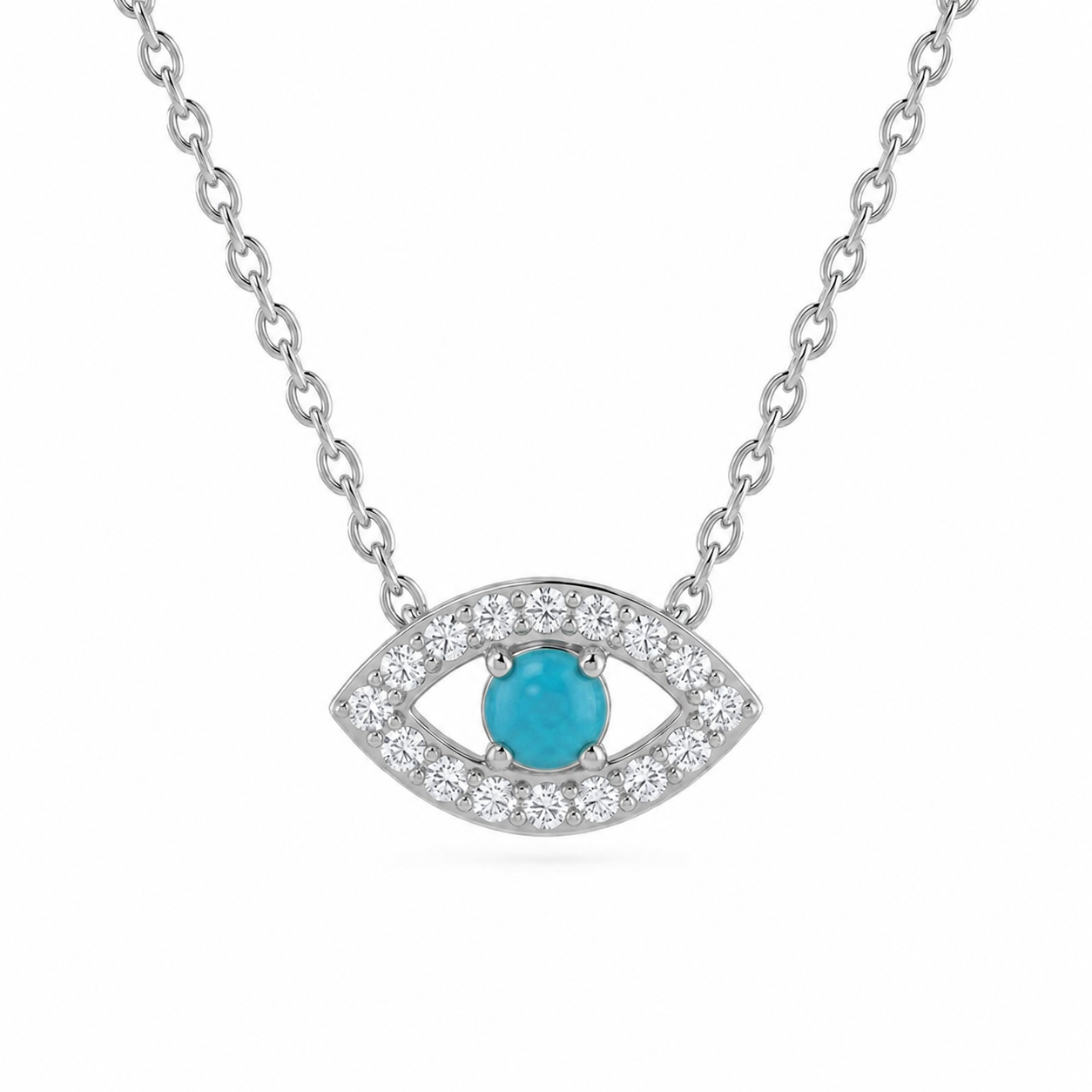 .11ct G SI 14kt White Gold Diamond & Turquoise Gemstone Evil Eye Pendant Necklace 16+2" Long