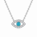 .11ct G SI 14kt White Gold Diamond & Turquoise Gemstone Evil Eye Pendant Necklace 16+2" Long