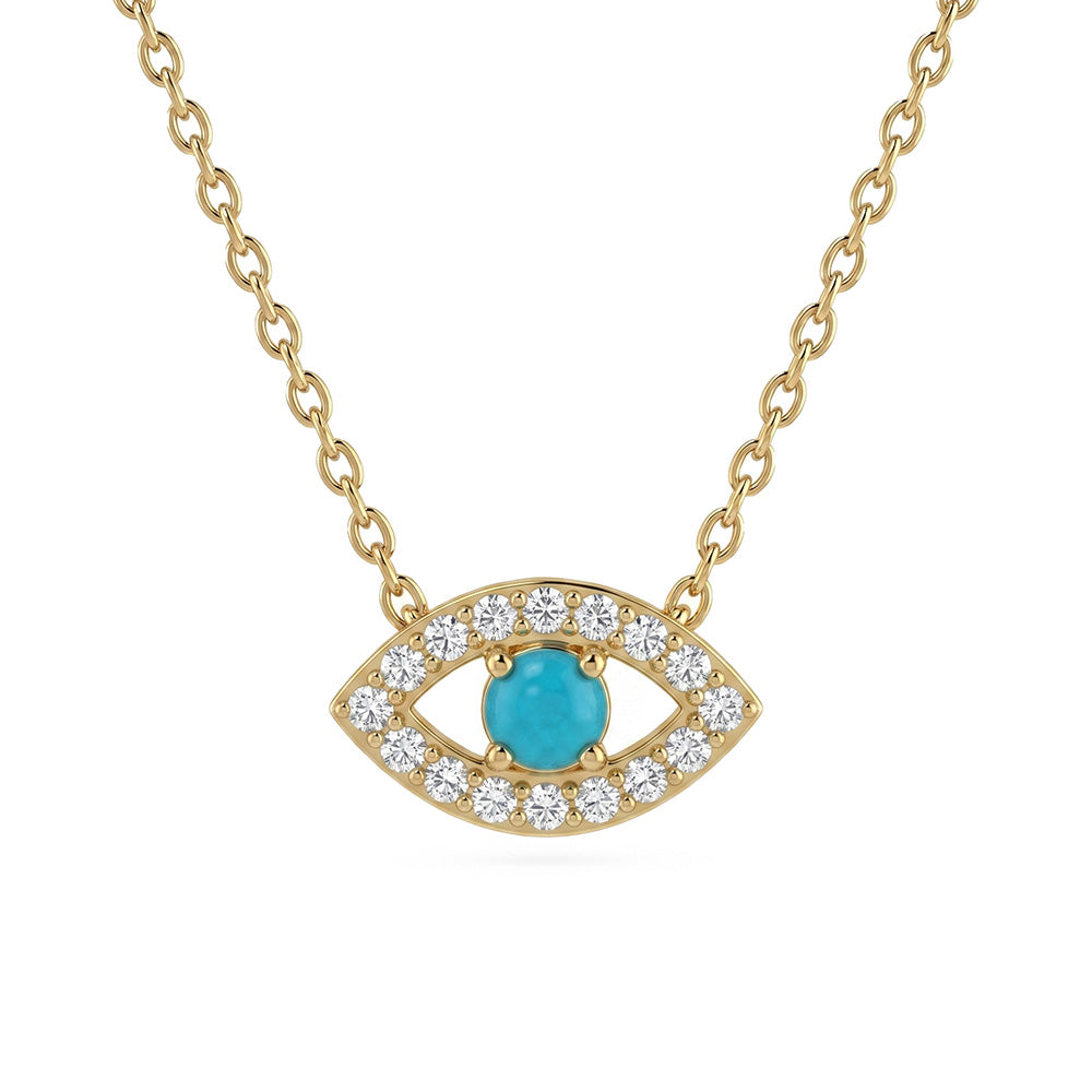 .11ct G SI 14kt Yellow Gold Diamond & Turquoise Gemstone Evil Eye Pendant Necklace 16+2" Long