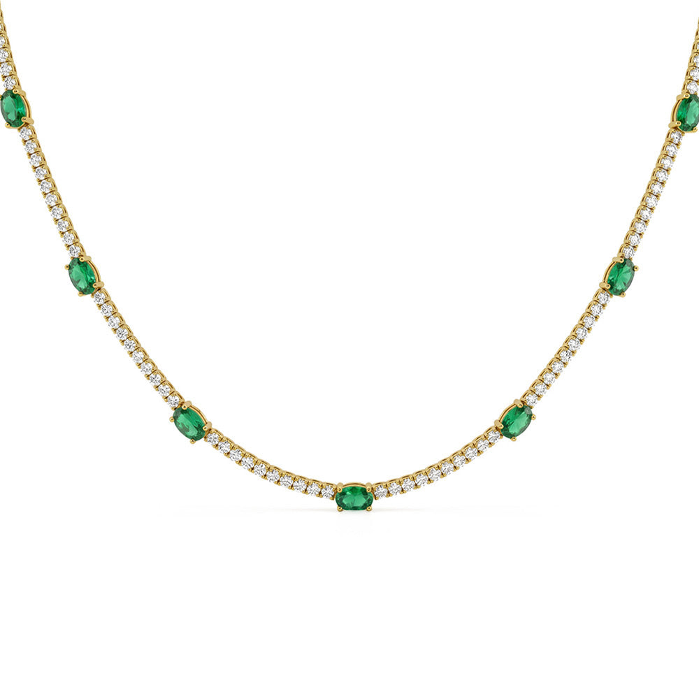 <span style="color:purple">SPECIAL!</span> 7.92ct G SI 14kt Yellow Gold Oval Emerald Gemstone & Diamond Tennis Necklace 16" Long