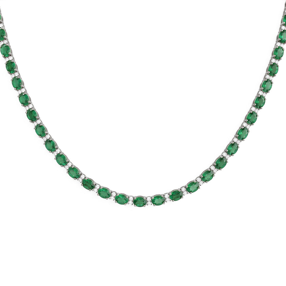 <span style="color:purple">SPECIAL!</span> 12.35ct G SI 14kt White Gold Oval Emerald Gemstone & Diamond Tennis Necklace 16" Long