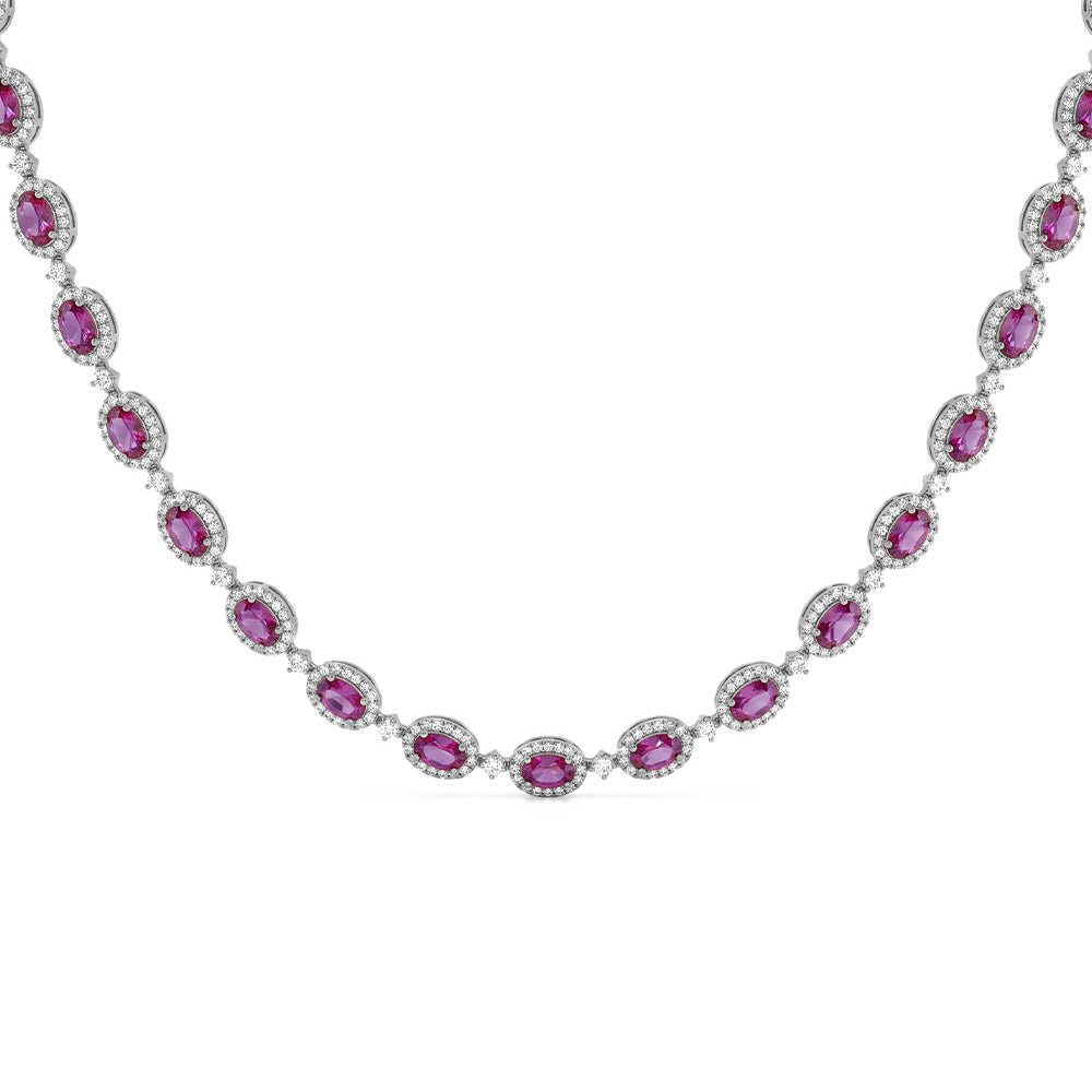 <span style="color:purple">SPECIAL!</span> 12.32ct G SI 14kt White Gold Oval Pink Sapphire Gemstone & Diamond Tennis Necklace 16" Long