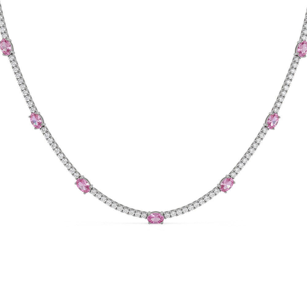 <span style="color:purple">SPECIAL!</span> 6.80ct G SI 14kt White Gold Oval Pink Sapphire Gemstone & Diamond Tennis Necklace 16" Long