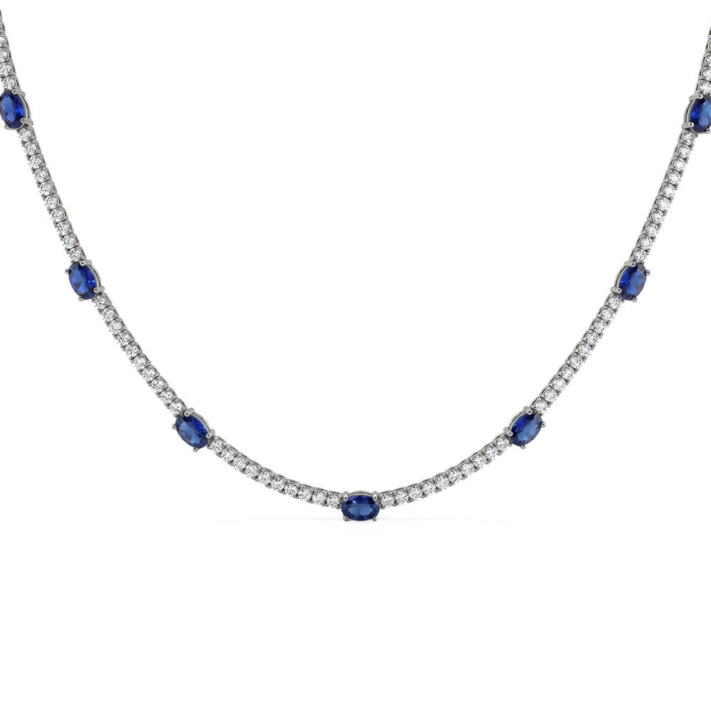 <span style="color:purple">SPECIAL!</span> 8.05ct G SI 14kt White Gold Oval Blue Sapphire Gemstone & Diamond Tennis Necklace 16" Long
