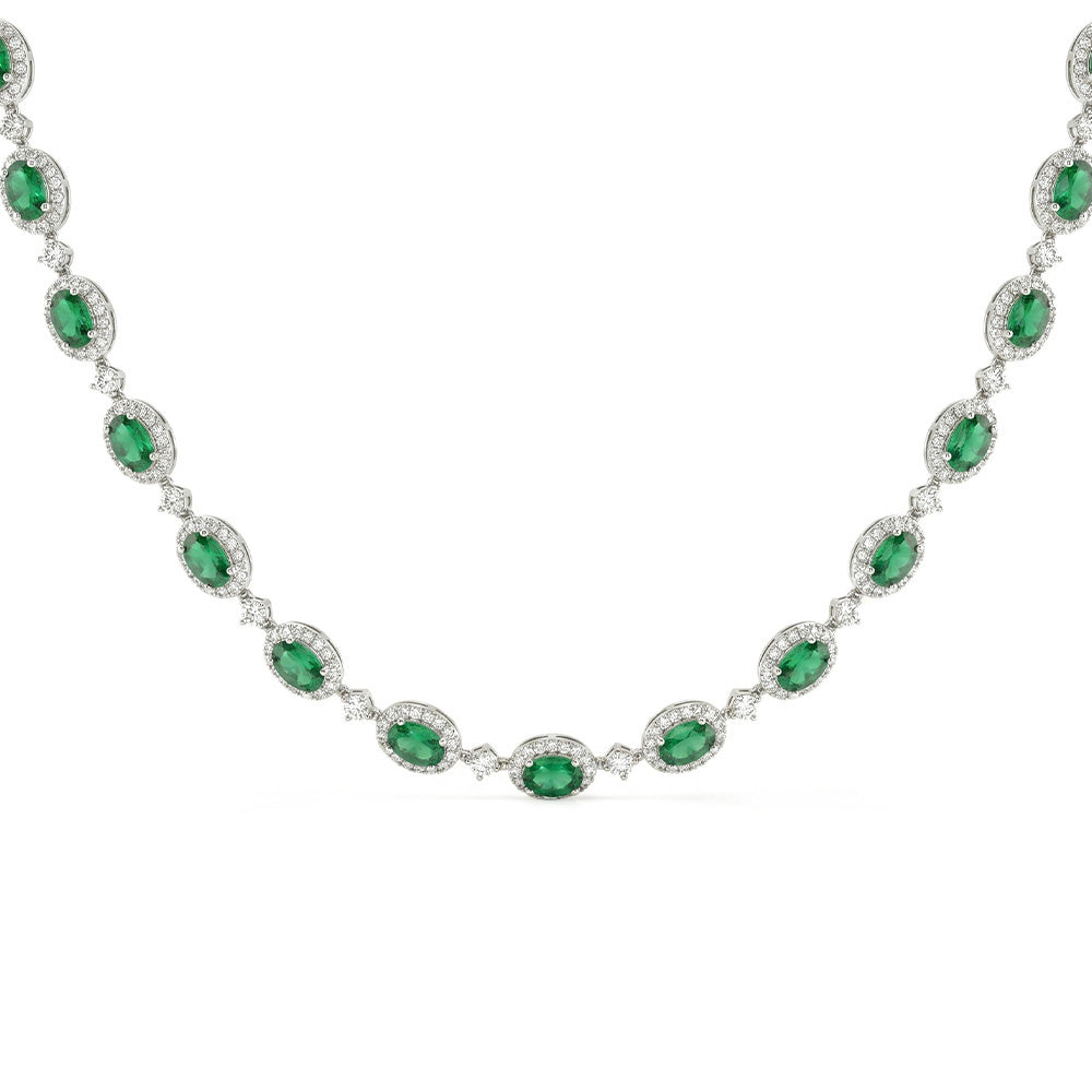<span style="color:purple">SPECIAL!</span> 11.02ct G SI 14kt White Gold Oval Emerald Gemstone & Diamond Tennis Necklace 16" Long