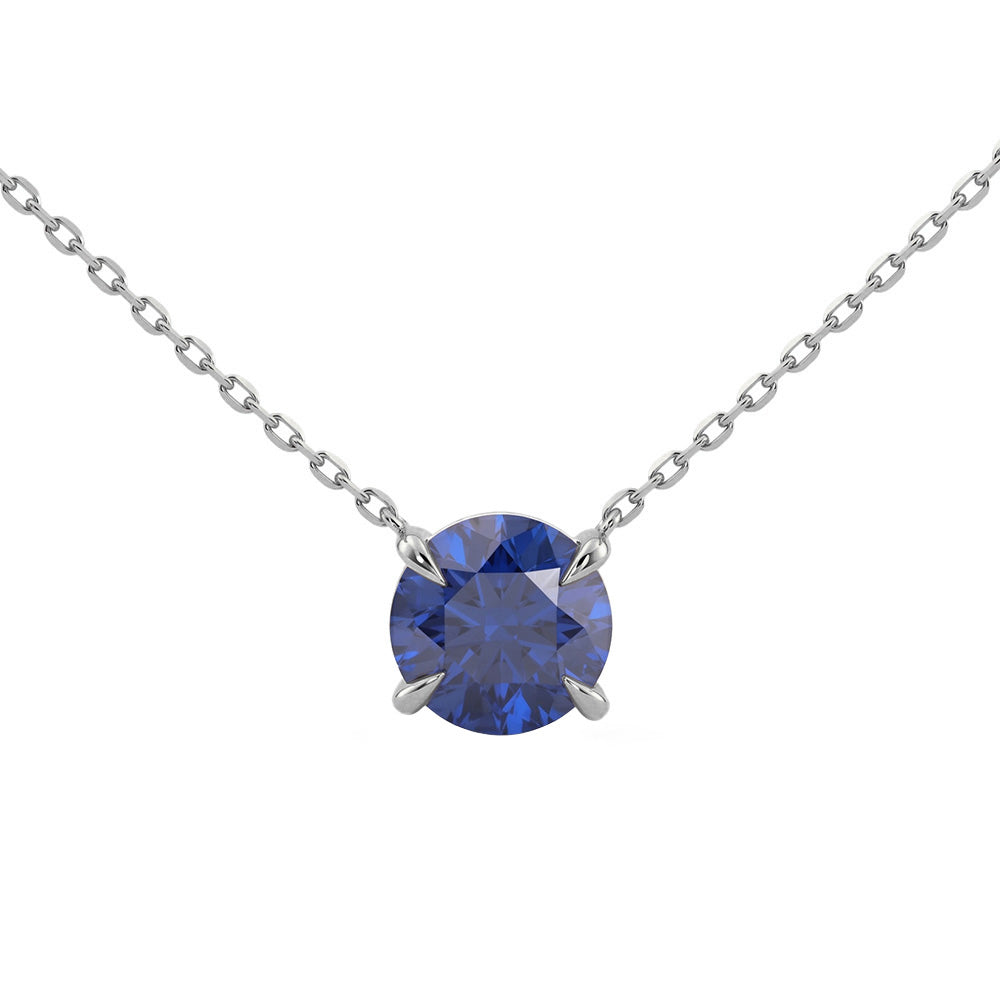 <span style="color:purple">SPECIAL!</span> 1ct G SI 14kt White Gold Round Blue Sapphire Solitaire Gemstone Necklace Pendant 16 + 2" Ext