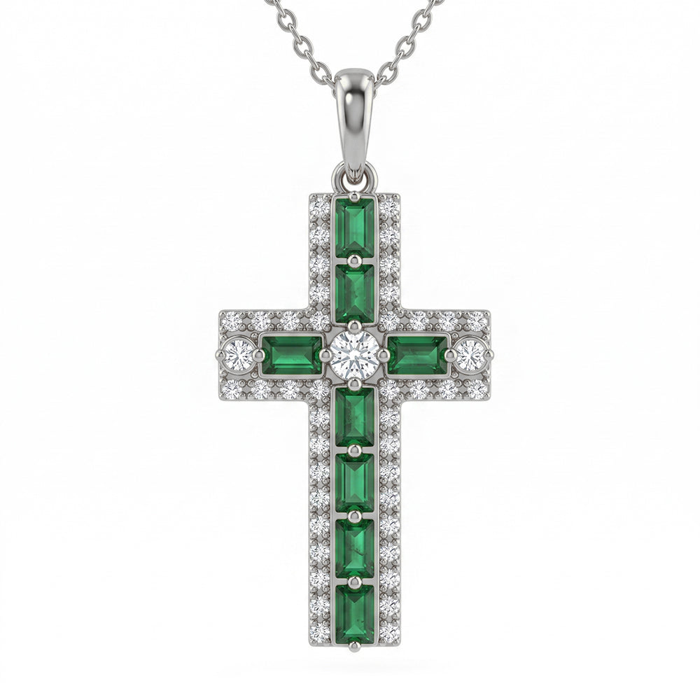 <span style="color:purple">SPECIAL!</span> .93ct G SI 14kt White Gold Emerald Gemstone Cross Pendant Necklace 16 + 2" Ext
