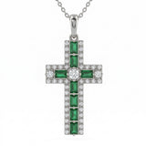 <span style="color:purple">SPECIAL!</span> .93ct G SI 14kt White Gold Emerald Gemstone Cross Pendant Necklace 16 + 2" Ext