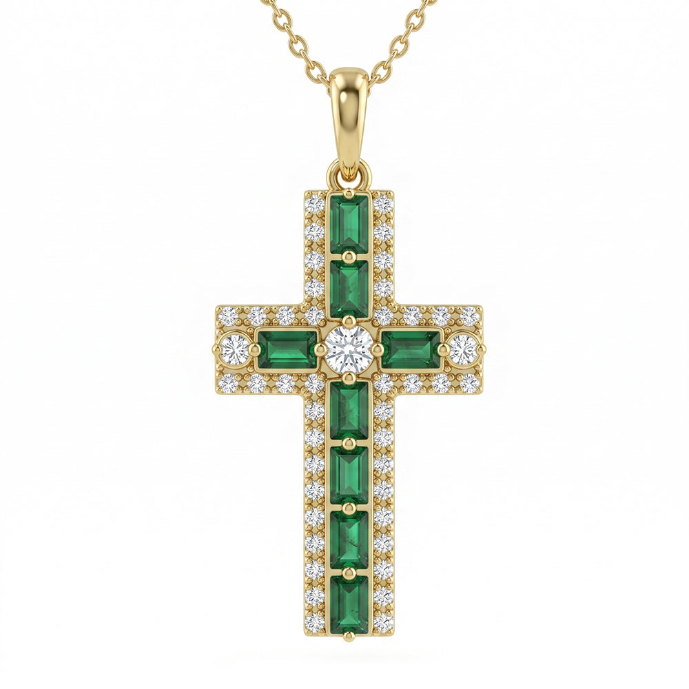 <span style="color:purple">SPECIAL!</span> .90ct G SI 14kt Yellow Gold Emerald Gemstone Cross Pendant Necklace 16 + 2" Ext