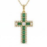 <span style="color:purple">SPECIAL!</span> .90ct G SI 14kt Yellow Gold Emerald Gemstone Cross Pendant Necklace 16 + 2" Ext