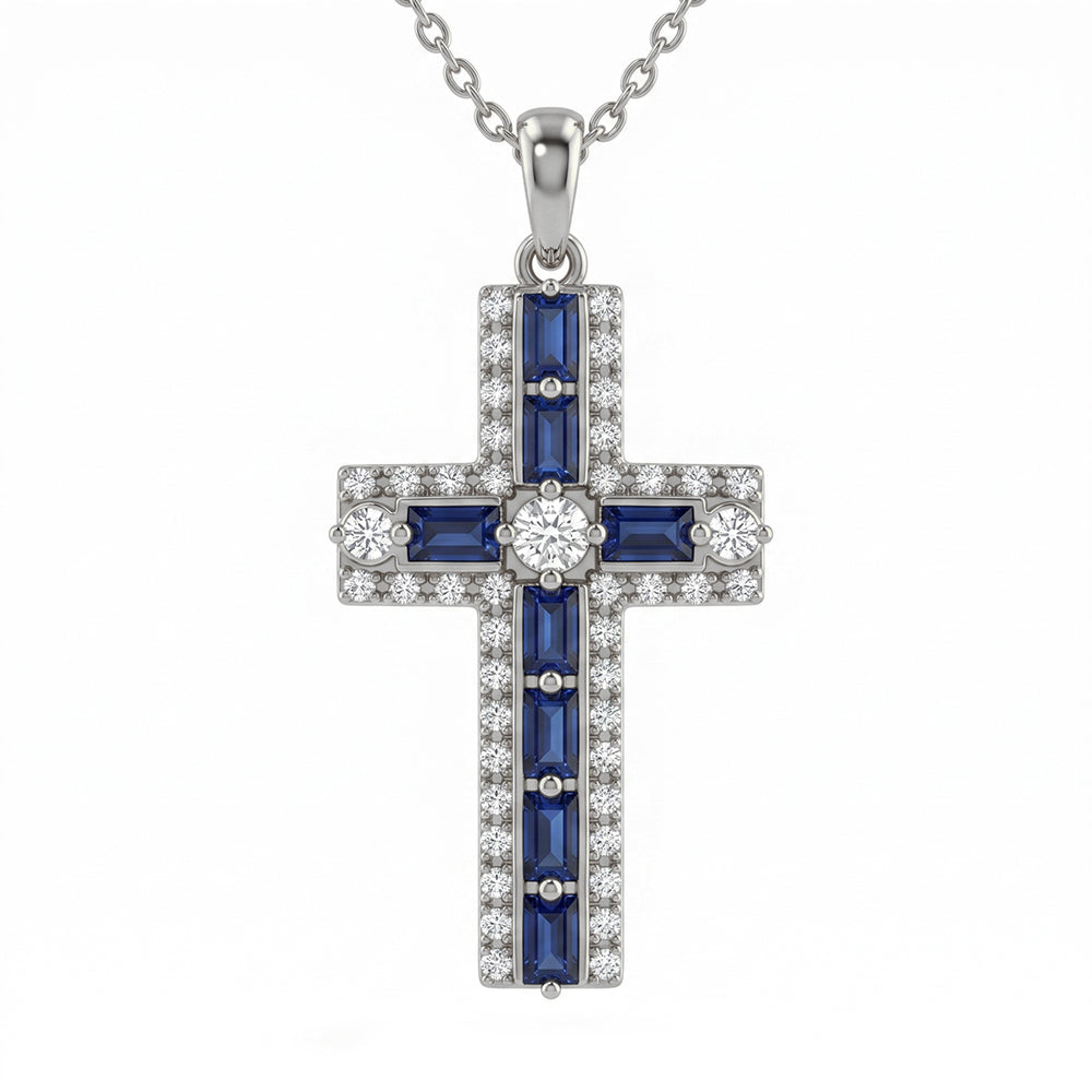 <span style="color:purple">SPECIAL!</span> .98ct G SI 14kt White Gold Blue Sapphire Gemstone Cross Pendant Necklace 16 + 2" Ext
