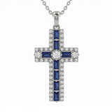 <span style="color:purple">SPECIAL!</span> .98ct G SI 14kt White Gold Blue Sapphire Gemstone Cross Pendant Necklace 16 + 2" Ext
