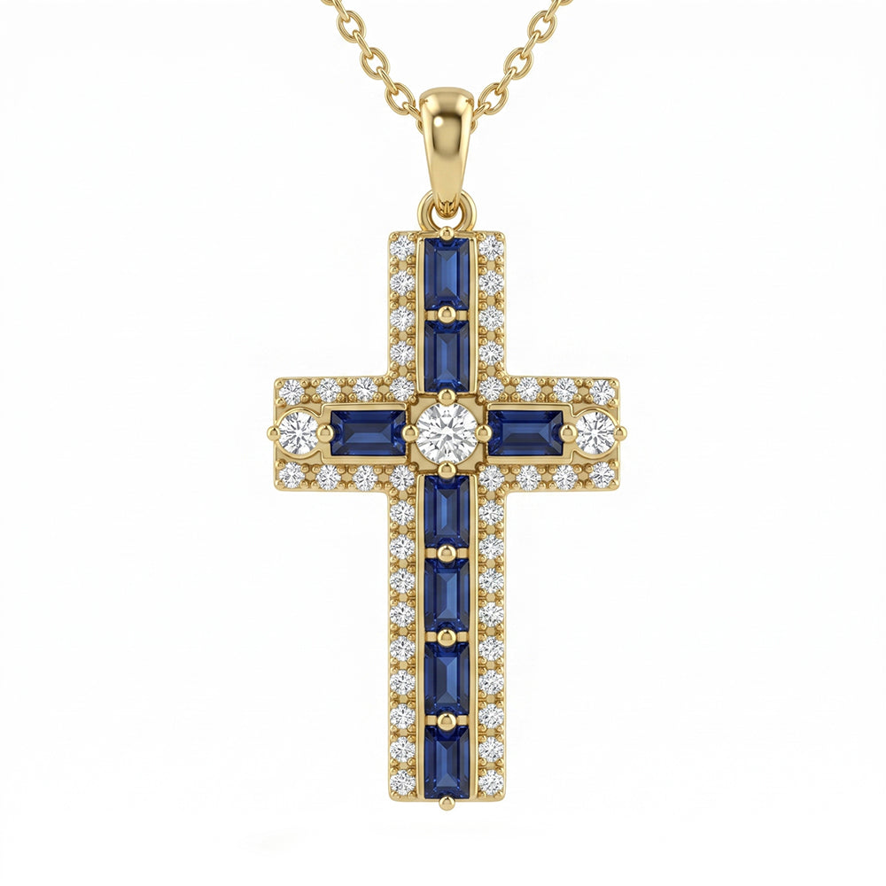 <span style="color:purple">SPECIAL!</span> .97ct G SI 14kt Yellow Gold Blue Sapphire Gemstone Cross Pendant Necklace 16 + 2" Ext