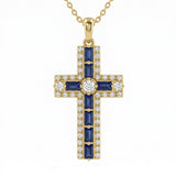 <span style="color:purple">SPECIAL!</span> .97ct G SI 14kt Yellow Gold Blue Sapphire Gemstone Cross Pendant Necklace 16 + 2" Ext