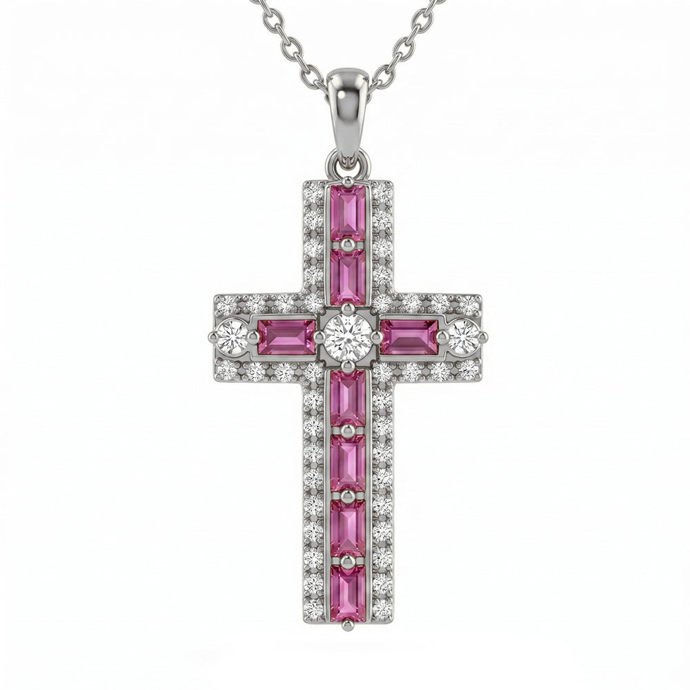 <span style="color:purple">SPECIAL!</span> 1.05ct G SI 14kt White Gold Pink Sapphire Gemstone Cross Pendant Necklace 16 + 2" Ext