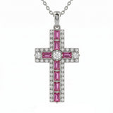 <span style="color:purple">SPECIAL!</span> 1.05ct G SI 14kt White Gold Pink Sapphire Gemstone Cross Pendant Necklace 16 + 2" Ext