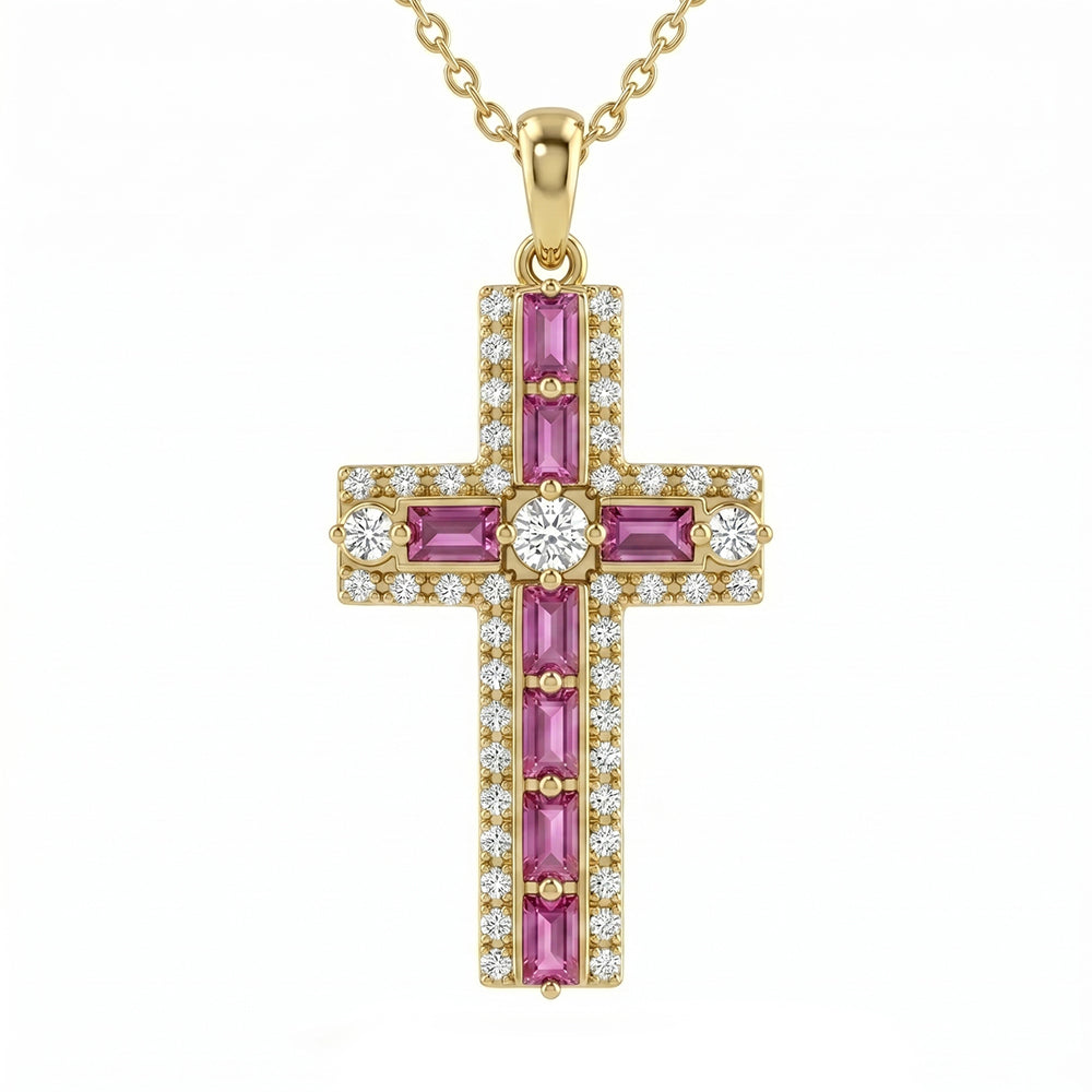 <span style="color:purple">SPECIAL!</span> 1.01ct G SI 14kt Yellow Gold Pink Sapphire Gemstone Cross Pendant Necklace 16 + 2" Ext
