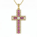 <span style="color:purple">SPECIAL!</span> 1.01ct G SI 14kt Yellow Gold Pink Sapphire Gemstone Cross Pendant Necklace 16 + 2" Ext