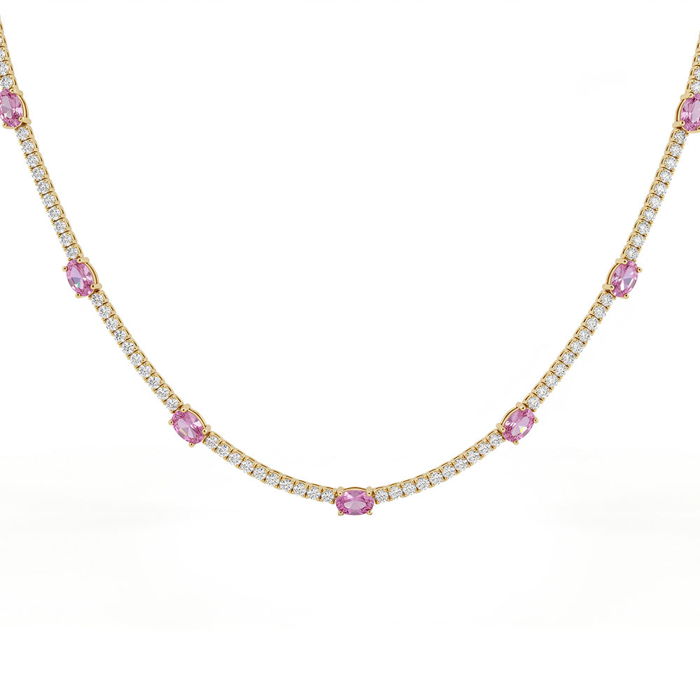 <span style="color:purple">SPECIAL!</span> 9.12ct G SI 14kt Yellow Gold Diamond & Pink Sapphire  Gemstone Necklace 16" Long