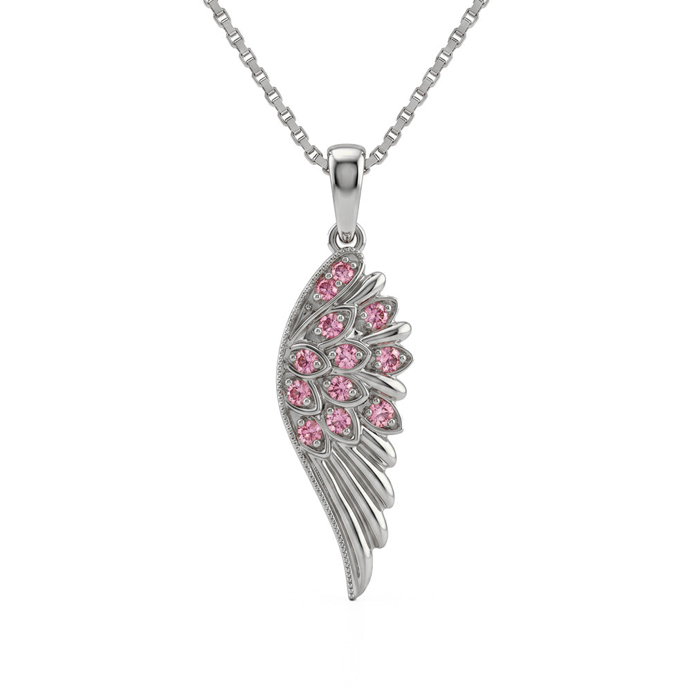 <span style="color:purple">SPECIAL!</span> .11ct G SI 14kt White Gold Pink Sapphire Angel Wing Gemstone Pendant Necklace 18" Long