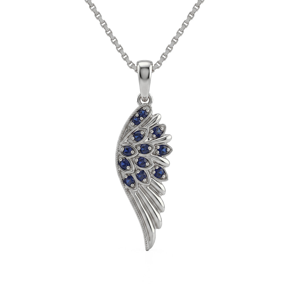 <span style="color:purple">SPECIAL!</span> .11ct G SI 14kt Yellow Gold Blue Sapphire Angel Wing Gemstone Pendant Necklace 18" Long