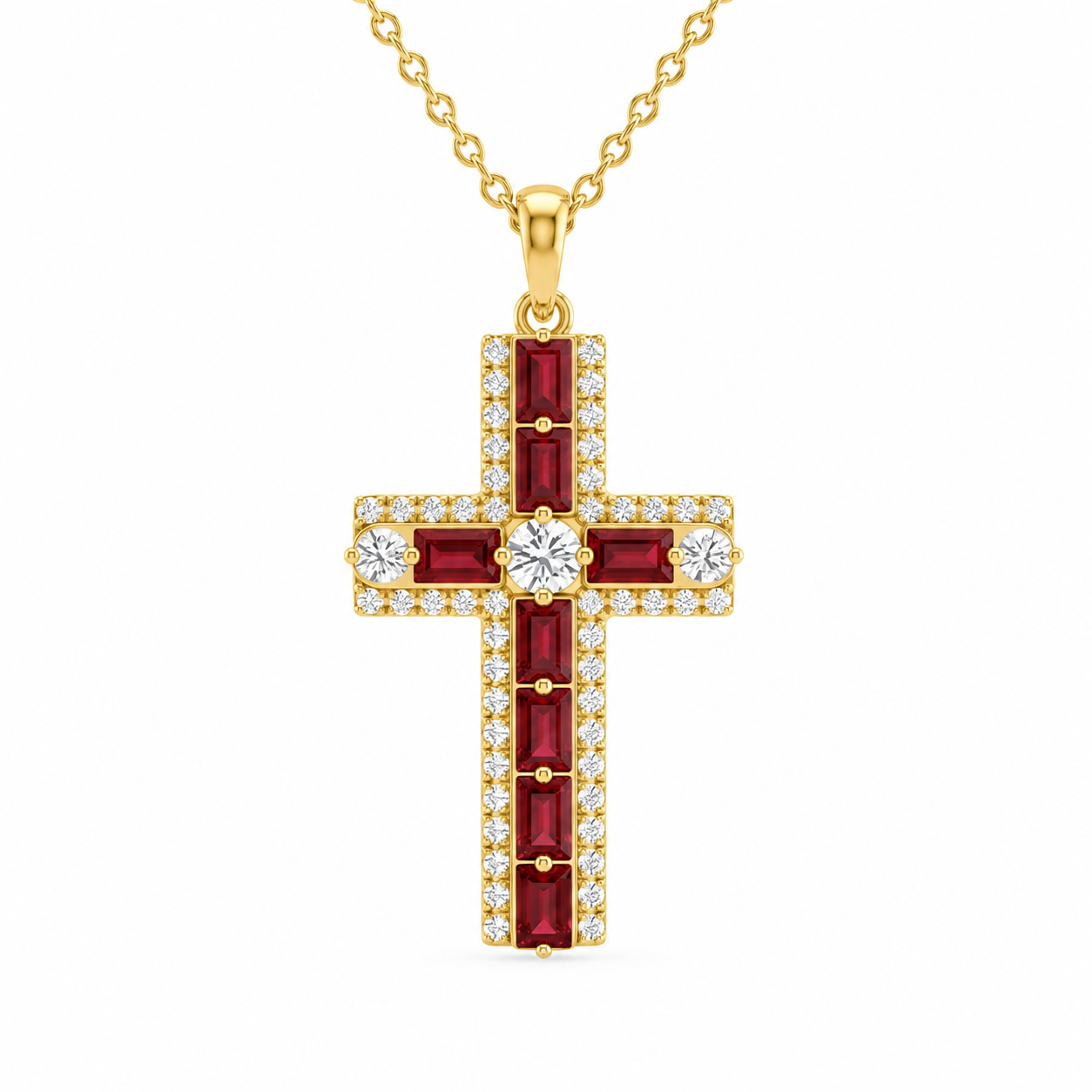 <span style="color:purple">SPECIAL!</span> 1.18ct G SI 14kt Yellow Gold Diamond & Ruby Gemstone Cross Pendant Necklace 18" Long