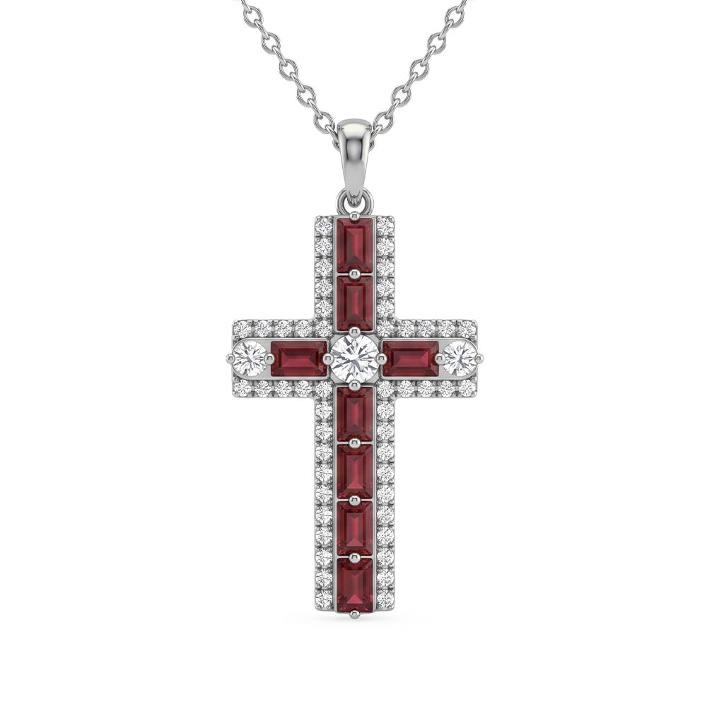 <span style="color:purple">SPECIAL!</span> 1.12ct G SI 14kt White Gold Diamond & Ruby Gemstone Cross Pendant Necklace 18" Long