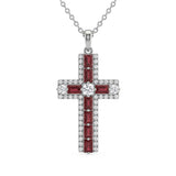 <span style="color:purple">SPECIAL!</span> 1.12ct G SI 14kt White Gold Diamond & Ruby Gemstone Cross Pendant Necklace 18" Long