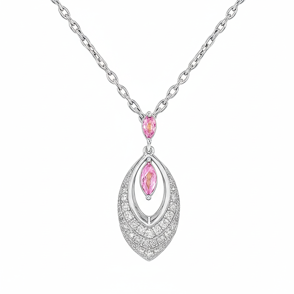 .36ct G SI 14kt White Gold Diamond & Pink Sapphire Gemstone Pendant Necklace 18" Long