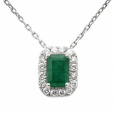 .68ct G SI 14K White Gold Emerald Gemstone & Diamond Halo Pendant 18" Long