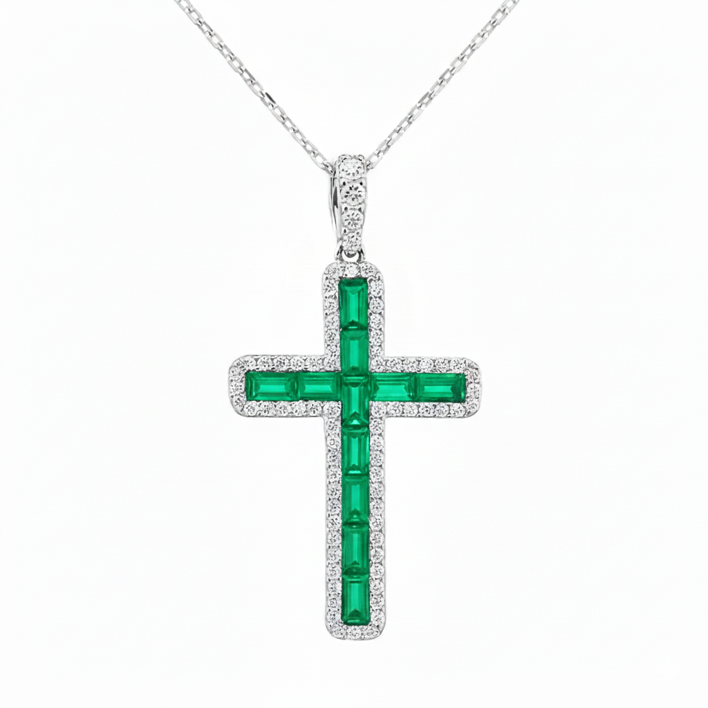 1.23ct G SI 14K White Gold Diamond & Emerald Gemstone Cross Pendant 18" Long