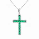 1.23ct G SI 14K White Gold Diamond & Emerald Gemstone Cross Pendant 18" Long