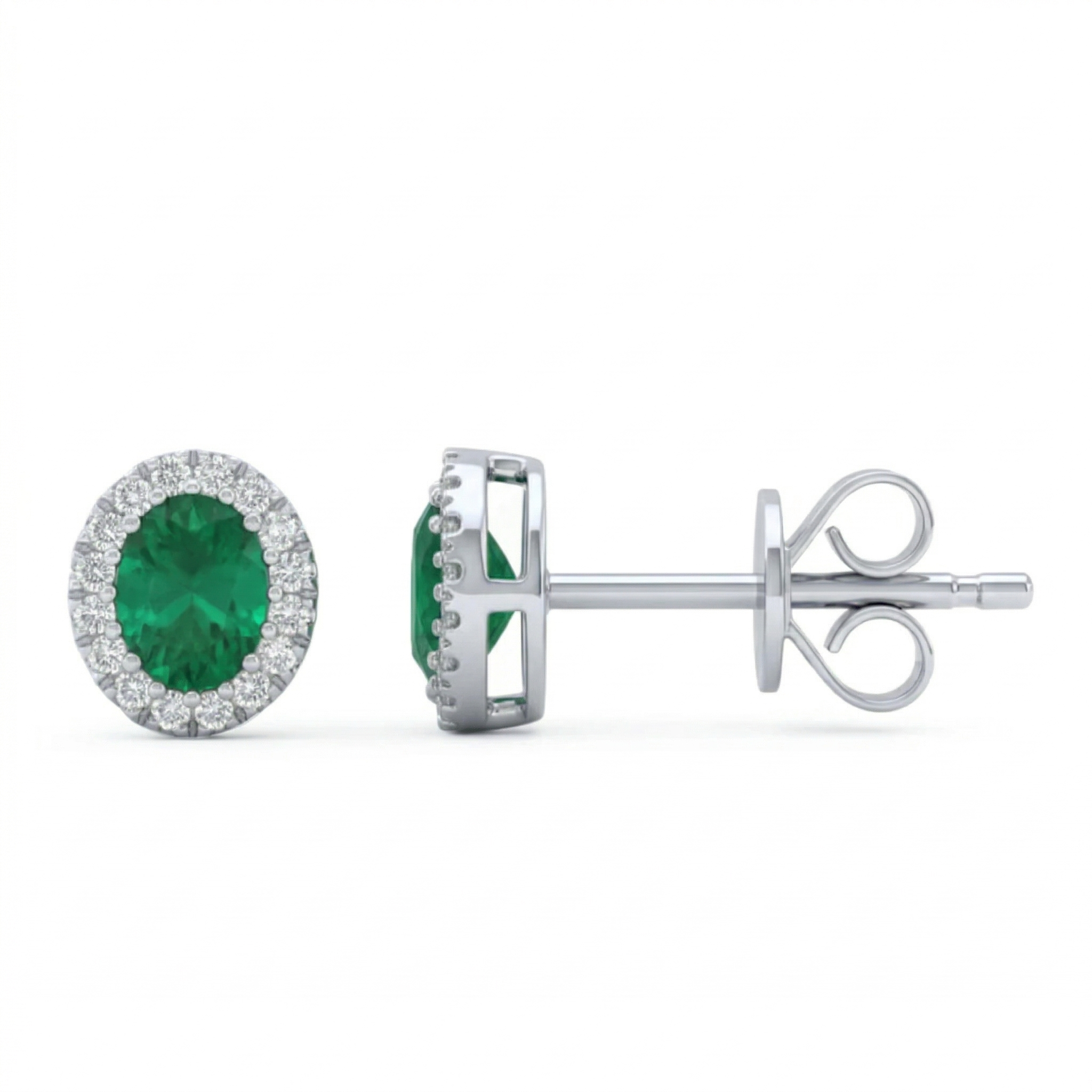 .35ct G SI 14kt White Gold Diamond & Oval Emerald Gemstone Stud Earrings