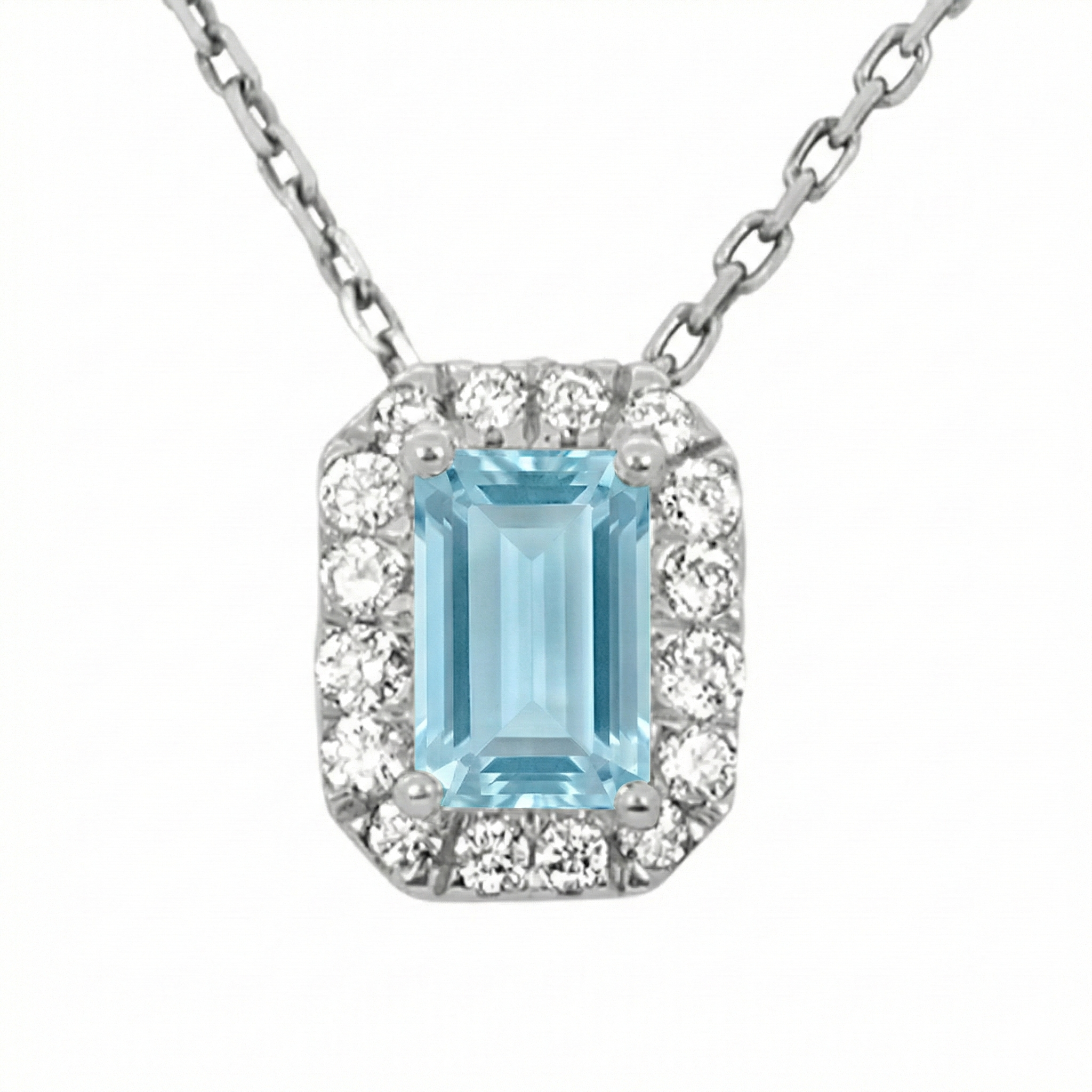 .72ct G SI 14kt White Gold Diamond & Aquamarine Gemstone Halo Pendant 18"