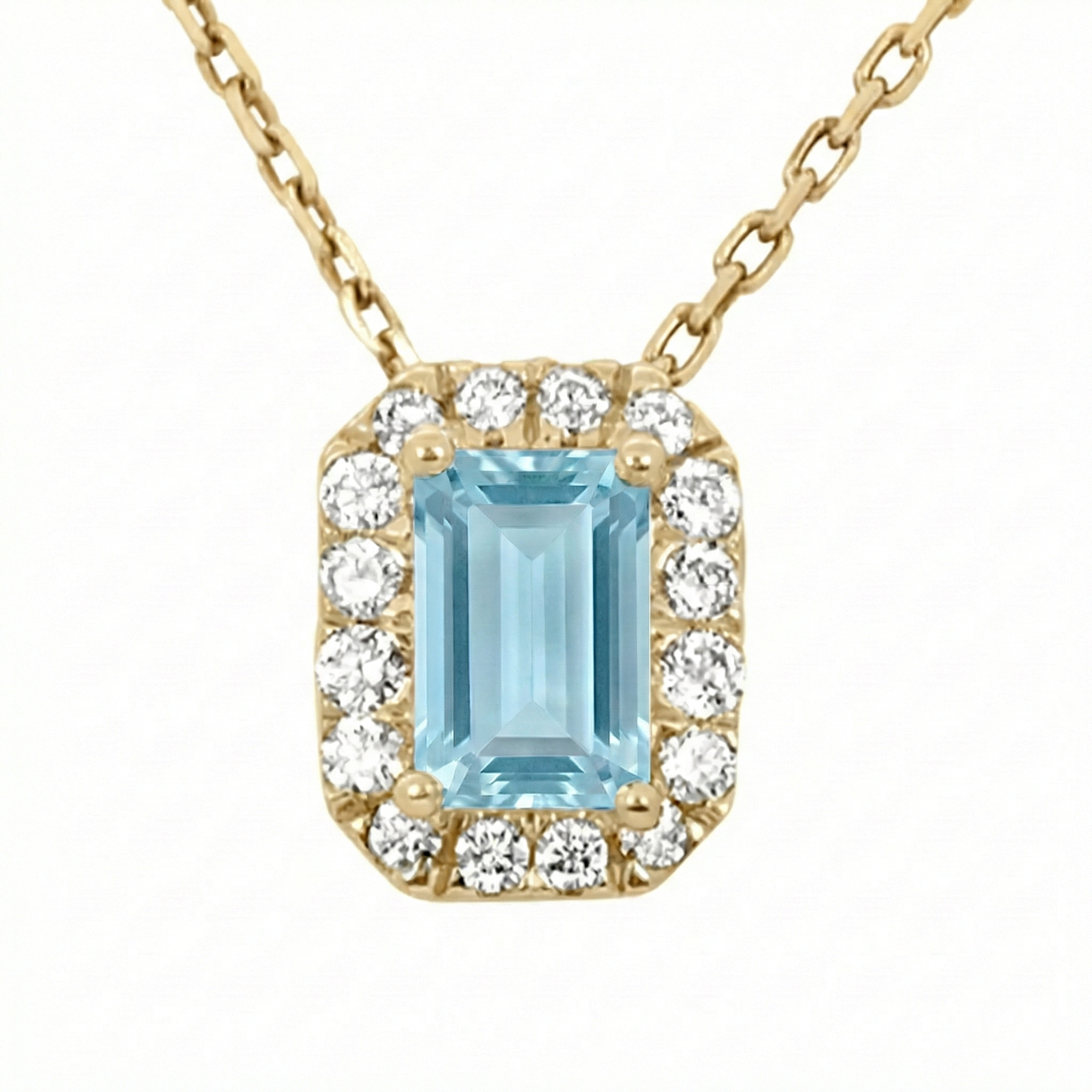 .72ct G SI 14kt Yellow Gold Diamond & Aquamarine Gemstone Halo Pendant 18" long